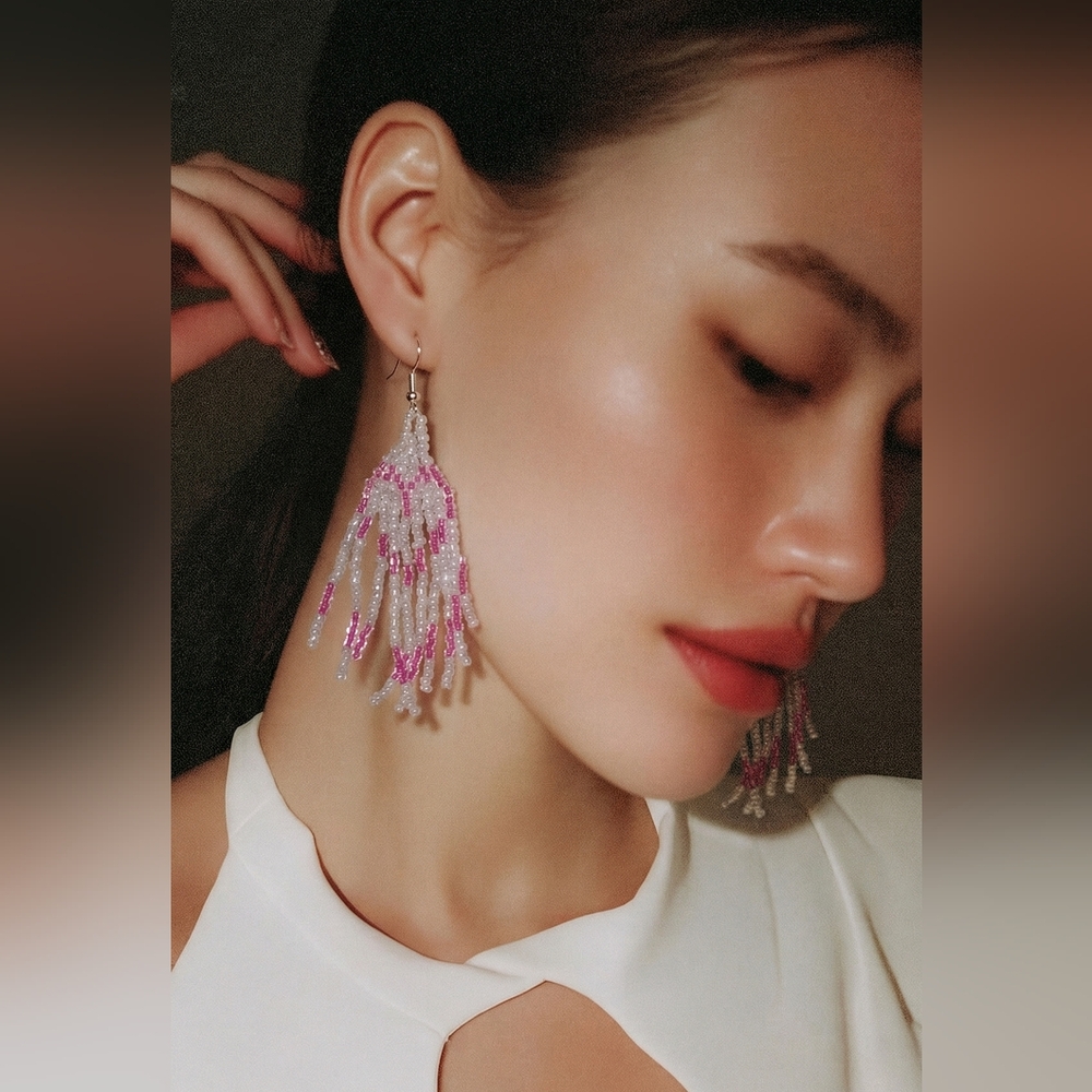 Hidden Heart Seed Bead Fringe Earrings | Neon Pink & Milky Gray Beaded Dangle - Picture 2 of 4